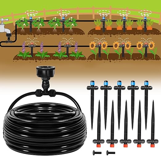55FT Quick-Connect Drip Irrigation Kit, Garden Watering System DIY Automatic Irrigation Equipment Set for Lawn Raised Bed Greenhouse Plant Watering with 1/4'' Tubing, Drip Emitters, Connectors