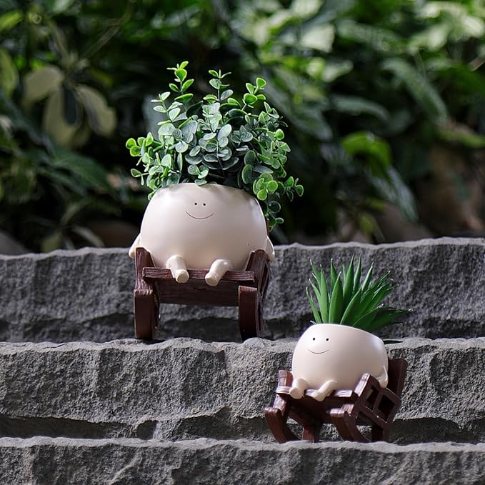 Face Planter Pots Cute Smile Flower Planter for Indoor Outdoor Plants Resin Rocking Chair Succulent Pot for String of Pearls Unique Gift on Mother's Day, Birthday, Christmas（Large）
