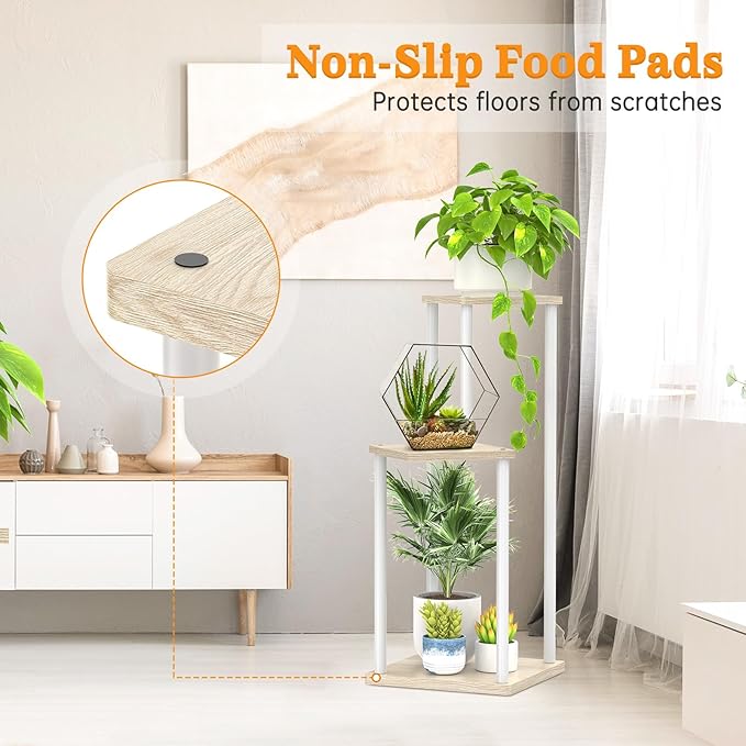 3 Tier Plant Stand Indoor Outdoor, Metal Wood Tiered Corner Plant Stands Pot Holder, Wood Flower Shelf Display Rack for Living Room Bedroom Balcony Garden Patio, White (3 tier)