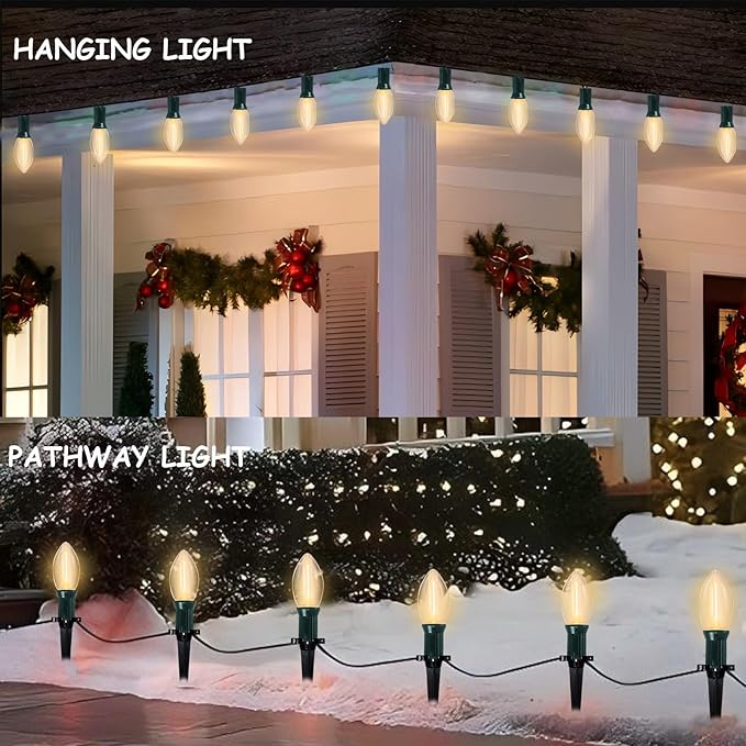 C9 Led Christmas Pathway Lights Outdoor, 38Ft 25 LED C9 Warm White Pathway Marker Stakes Lights, Connectable Christmas Walkway Lights UL Listed for Yard Lawn Sidewalk Driveway Christmas Decorations