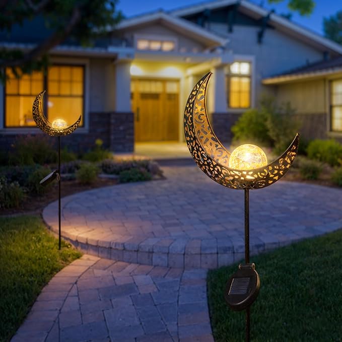 HOMEIMPRO 2Pack Moon Garden Solar Lights Outdoor Stakes Waterproof, Gifts for Mom, Crackle Glass Patio, Backyard Decorations, Balcony Lawn Ornaments, for Women Men Grandma (Bronze)