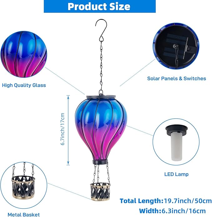 Starsoul Glass Hot Air Balloon Solar Lantern with Flickering Flame Light Blue & Purple Solar Powered Hot Air Balloon Lamp Waterproof Hanging Solar Lantern for Garden Yard Patio Porch Decor