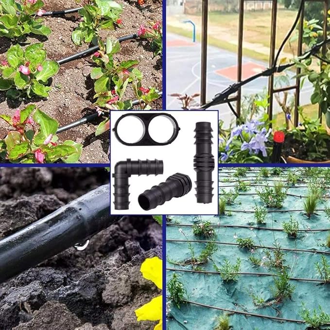 100Pcs Drip Irrigation Connectors Fittings Kit for 1/2 Inch Tubing, Including 30 Tees, 30 Couplings, 20 Elbows, 10 End Closures, 10 End Cap Plugs - Barbed Connectors Compatible Drip Sprinkler Systems