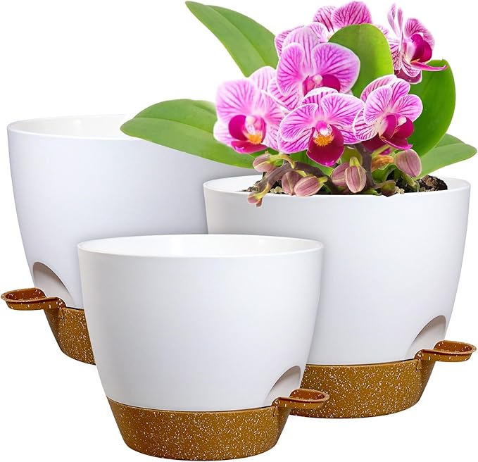 10/9/8 inch Medium Self Watering Pots, Planter, Plant Pots with Mesh Drainage Holes for Indoor Outdoor Garden Plants, Plastic Flower Pots with Removable Deep Reservoir, White with Brown