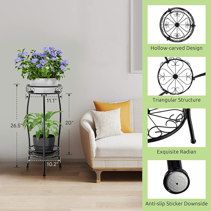 H HOMEXIN Plant Stand Indoor Outdoor, 2 Tier Tall Metal Plant stand 27 " Plant Holder Rack Heavy Duty Rustproof Decorative Plant Shelf for Corner Garden Balcony Patio Lawn office