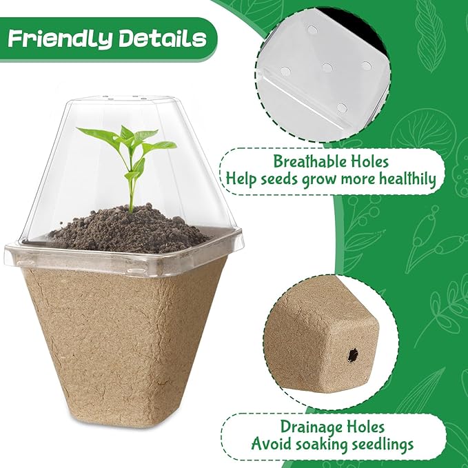 Aulock 36 Sets Plant Nursery Pots with Humidity Dome - 3in Biodegradable Seed Starting Pots, Square Peat Pots with 100 Labels for Garden Flowers Herbs Vegetables Seedlings