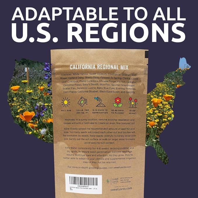 California Wildflower Mixture - Bulk 1/4 Pound Bag - Over 30,000 Native Seeds - Open Pollinated and Non GMO