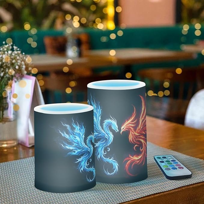 Flickering Flameless Candles, Dragon Phoenix LED Candles with Remote Timer, Set of 2 Battery Operated Candle for Valentine Wedding Birthday