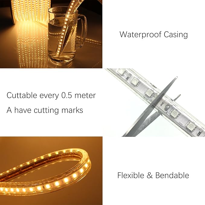5050-60 Type AC 110-120V White LED Strip Lights, Flexible/Waterproof/Dimmable/Multi-Modes LED Rope Light + 23 Keys Remote for Home/Garden/Building Decoration (16.4ft/5m, White 6000K)