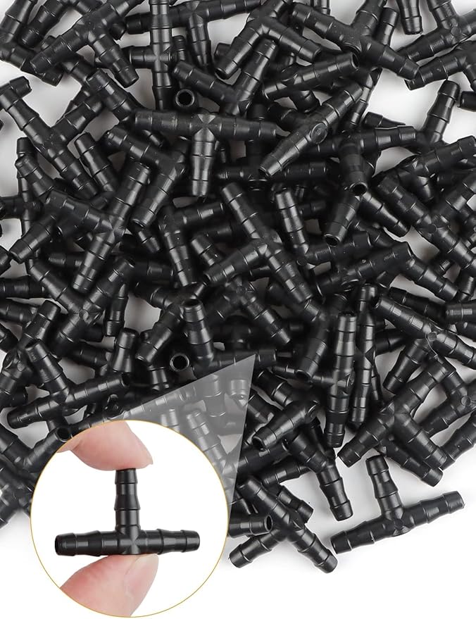100pcs 1/4" Universal Barbed Tee Fittings, Kalolary Barbed Connectors Drip Irrigation for 1/4 Inch Water Hose Connectors 4mm/7mm Water Tube Drip Irrigation Watering System