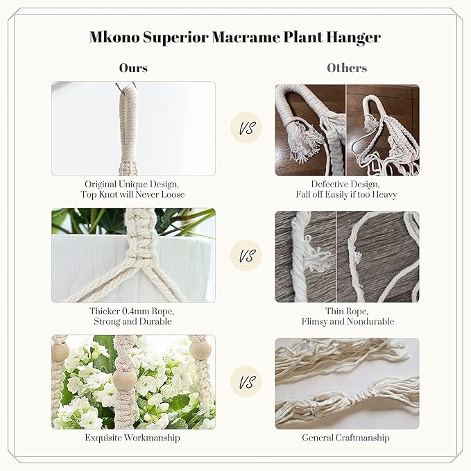 Mkono Macrame Plant Hangers Set of 4 Indoor Hanging Planter Basket Wall Decorative Flower Pot Holder with 4 Hooks for Indoor Outdoor Home Decor Gift Box, Ivory