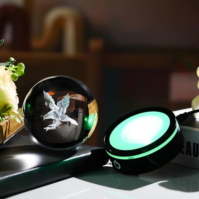 YWHL 3D Eagle Figurine Crystal Ball with Colorful Light Base, Eagle Gifts for Women Men Eagle Lovers on Christmas Birthday, 3D Laser Engraved Eagle Sphere Glass Ball for Home Office Decoration (80mm)