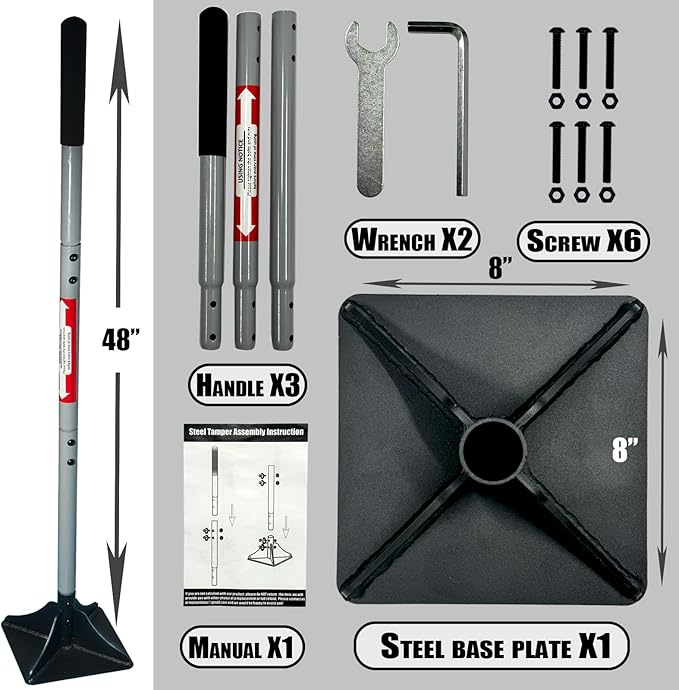 Heavy Duty Steel Tamper 8"x8" with 48 inch Handle and Rubber Grip Ideal Garden Landscaping Rammer for Earth Soil Asphalt, Gravel and Dirt Compaction Levelling Paver Tool Trash Tamper