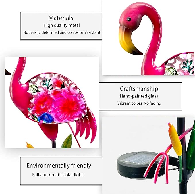 Solar Garden Lights, Glass & Metal Flamingo Solar Garden Decor Solar Pathway Lights Solar Garden Stakes Decorative Yard Art Yard Decor Waterproof for Patio Lawn Courtyard