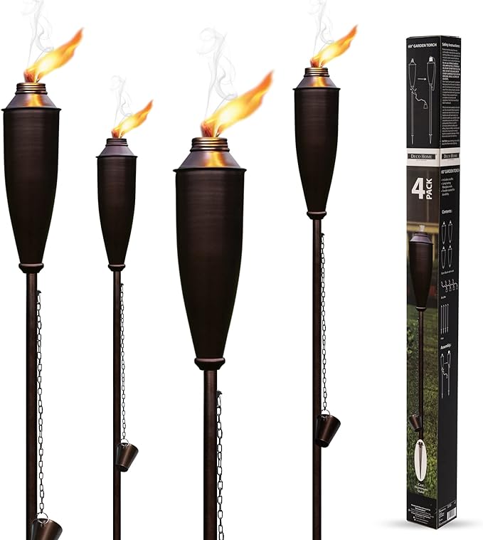 Garden Torches for Outside -Deco Home Pack of 4 Metal Garden Torches Citronella Oil for Outdoor Ambiance - Decorative and Functional Citronella Torches for Patio, Lawn, and Backyard- Bronze