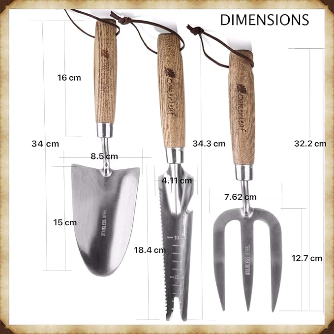 3 Piece Garden Hand Tool Set Extra Large Stainless Steel with Timber Handles Trowel Fork and Multitool