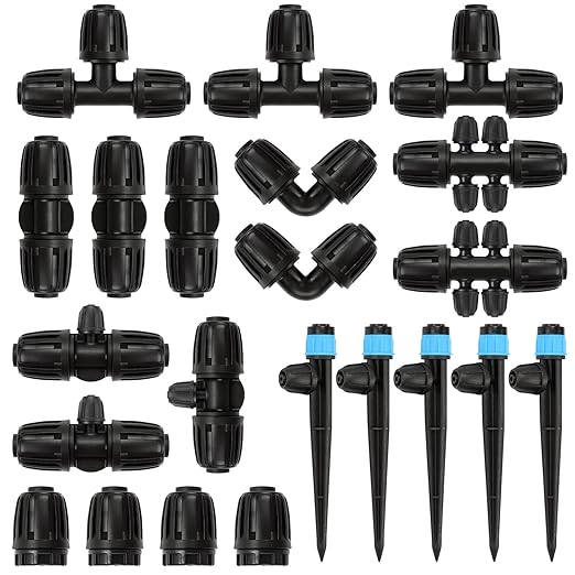 22 Pack Drip Irrigation Fittings Kit for 1/2 Inch Drip Tubing(1/2" ID x 0.65" OD), Anti-Drop Barbed 1/2'' Drip Line Connectors Include 3 Tees 3 Valves 2 Elbows 4 Plugs 5 Reducers 5 Emitters