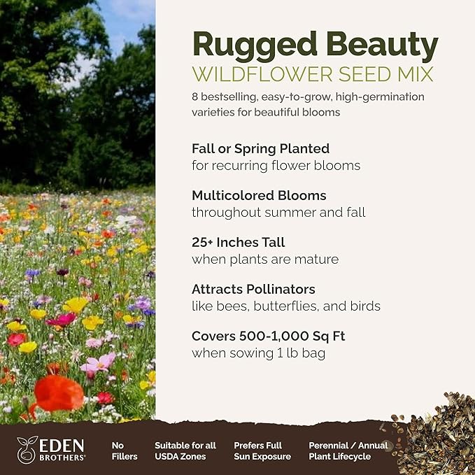 Eden Brothers Rugged Beauty Flower Mixed Seeds for Planting, 1 lb, 480,000+ Seeds with Cornflower Tall Blue, Candytuft | Attracts Pollinators, Plant in Spring or Fall, Zones 3, 4, 5, 6, 7, 8, 9, 10