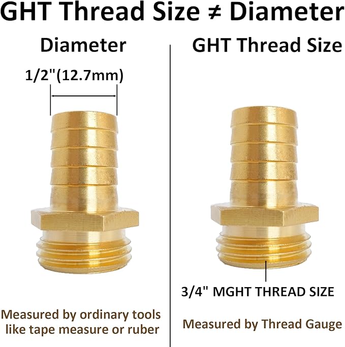 2Pcs 1/2" Barb x 3/4" Male GHT Thread Hex Brass Garden Water Hose Pipe Connector Copper Fitting with Stainless Clamp House/Boat/Lawn/Power Wash/Irrigation