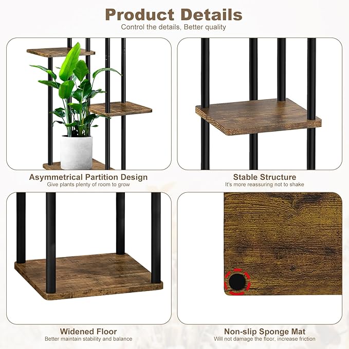 6 Tier Wood Tall Plant Stand Metal Rack Indoor, Multiple Flower Pot Holder Shelves Corner Rack, Planter Shelf Display Rack Storage Organizer for Patio Living Room Balcony Garden(Black)