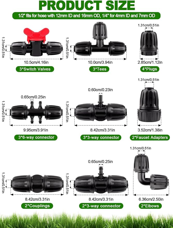 24 Pcs 1/2 inch Tubing Irrigation Fittings Kit, Kalolary Barbed Locked Connectors for Garden Lawn Drip Irrigation System(Switch Valves, T Connectors, Tees, Elbows, Ends, 1/2" to 1/4" tubing Reducers)