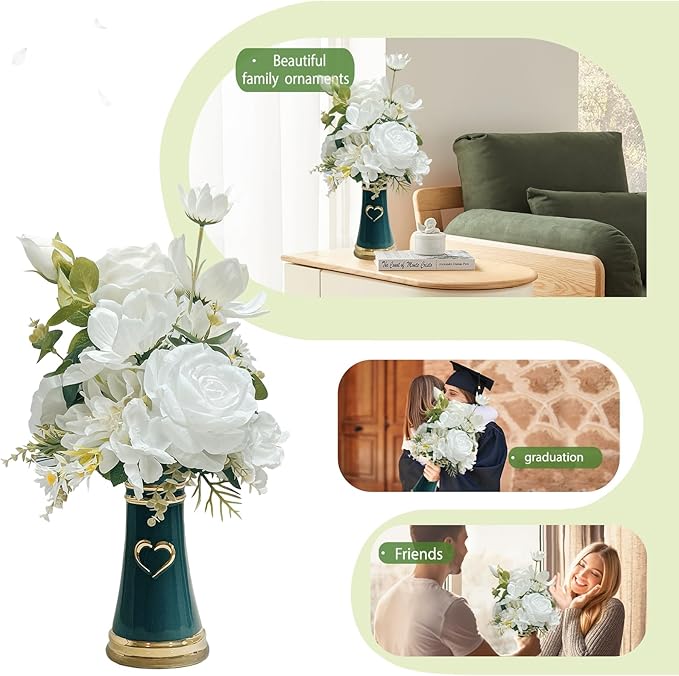 LoveLin Artificial Flower Arrangement for Ceramic Vase,White Roses Floral Bouquet Paired Abstract Prayer Hand Shaped Dark Green Vase,Affordable Luxury Art Pieces,Lndoor Ornament, 17″