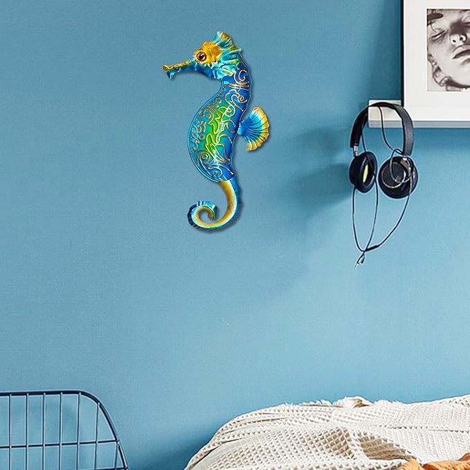 John's Studio Seahorse Sea Wall Decor Outdoor Metal Garden Hanging Art Glass Sculptures Home Ocean Theme Decorations for Kitchen Bathroom and Pool
