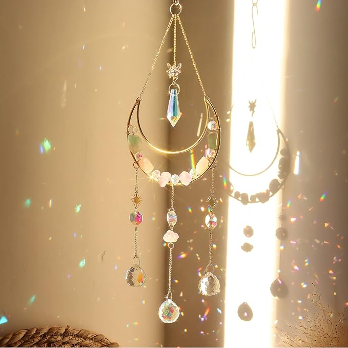 Moon Amethyst Crystals Suncatcher Hanging Windows, Healing Amethyst Fluorite Crystal Decor for Home, Gift for Christmas Birthday Valentine Mothers Day and More (Style 3)