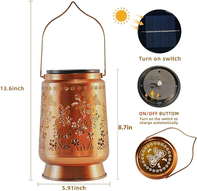 Large Solar Lanterns Outdoor Waterproof Butterfly Birthday Gifts for Women Men, Metal Hanging Solar Lantern Lamp for Yard, Lawn, Patio, Backyard, Garden Decor Outside