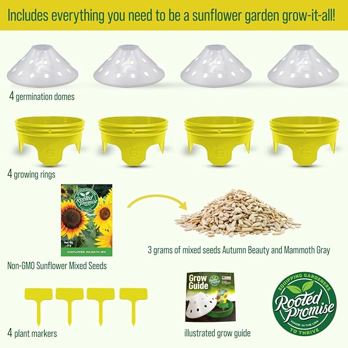 Sunflower Garden Kit with Grow Rings, Greenhouse Germination Domes, Seeds, Markers, Instructions – Gardening Gift for Mom, Teachers, Women, and Men – Made in USA