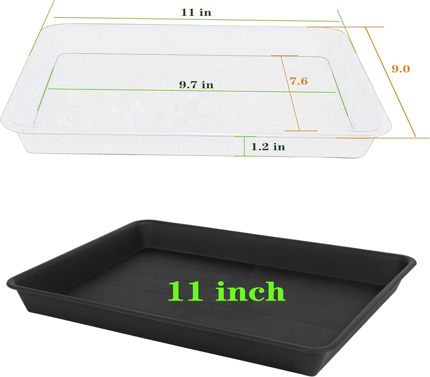 4 Pack Plant Saucer Tray Rectangular, Plant Saucers for Indoors, Heavy Sturdy Plastic Plant Drainage Trays, Plant Drip Trays for Pots, Seed Starter Growing Tray (11 x 9 inch, Black)