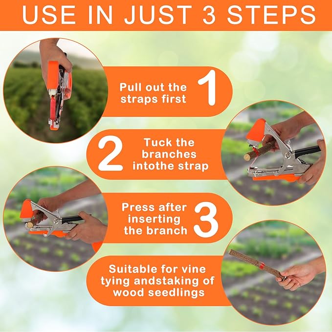 Plant Tying Machine to Tie Up Vine Quickly with 20 Rolls of Tapes+10000pcs Staples for Gardeners Farmers Gardening Tying Tool(Orange)