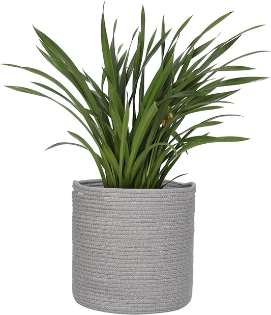 Grey Plant Basket, Woven Basket Planter for 10 inch Pot, Round Indoor Tree Pot Cover, Small Gray Storage Bin Organizer, Decorative Basket for Plants and Home Decor, 11”X11”