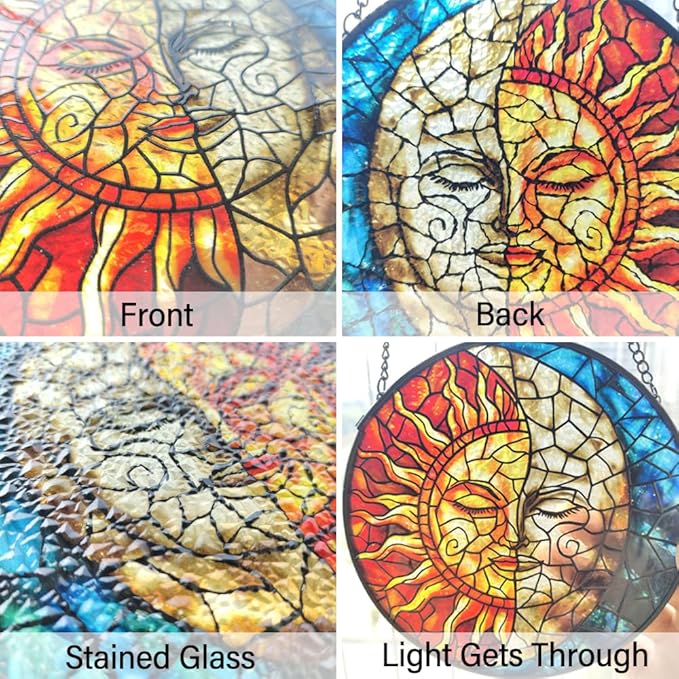 Sun and Moon Suncatcher Stained Glass Window Hanging - Handmade Stain Glass Suncatchers with Chain - Sun Catchers Indoor Window Glass Panel for Home Decor Garden Thanksgiving Valentines Day Gifts