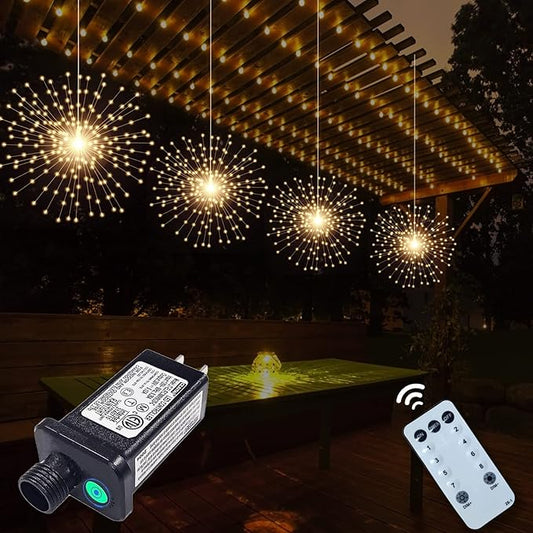 4 Pcs 800 LED Plug-in Starburst Sphere Lights, Firework Lights 8 Modes Dimmable Remote Control Waterproof Hanging Fairy Light, Copper Wire Lights for Patio Party Tent Christmas (Warm White)