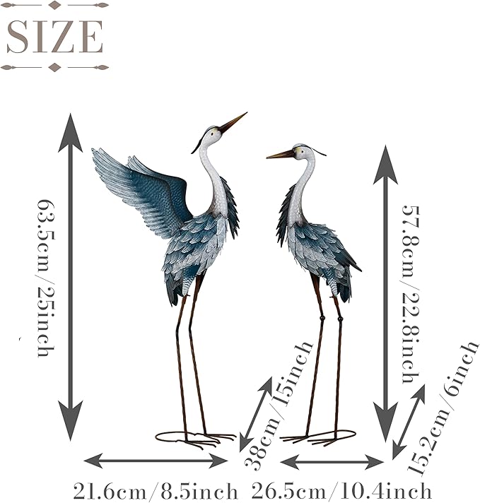 TERESA'S COLLECTIONS Garden Decor Blue Heron Yard Art,22.8-25" Large Metal Cranes Sculptures & Statues Decoy for Outdoor Indoor Decorations, Outside Patio, Pool, Lawn, Set of 2, Spring,Gift for Mom