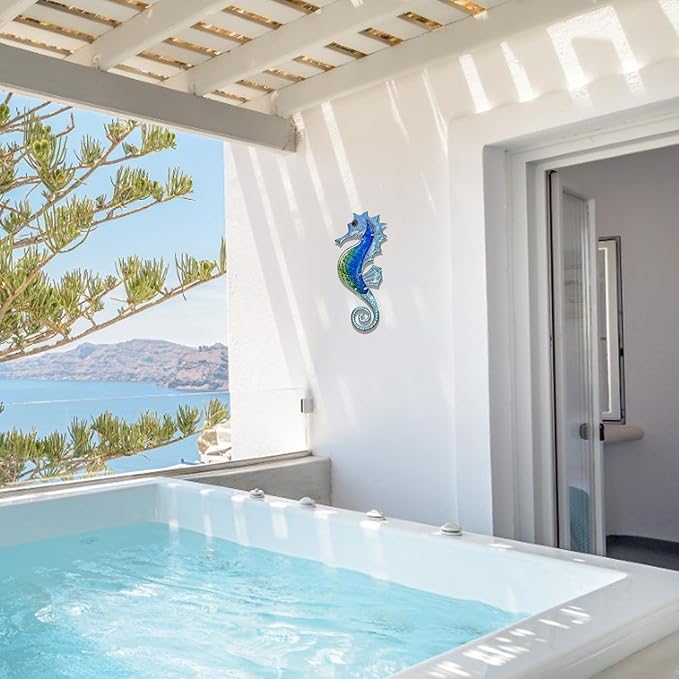 LIFFY Large Metal and Glass Seahorse Wall Decor, Sea Life Decor, Metal Fish Wall Decor, Ocean Beach Theme Wall Art for Bathroom Home Pool Gift Idea