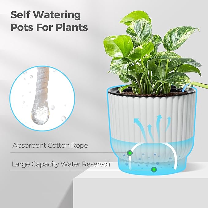 T4U 4 Inch Self Watering Pots for Indoor Plants, 6 Pack White Plastic Flower Pots for All House Plants, Flowers, African Violets