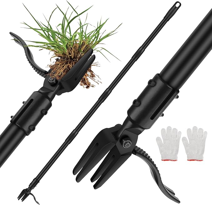 BlumWay 64 INCH Weed Puller Tool, Stand Up Heavy Duty Weed Puller, 3 Adjustable Long Handle Weed Remover Tool, 4 Claw Steel Head Weeder Tool, Garden Manual Weeding Tool Without Bending or Kneeling