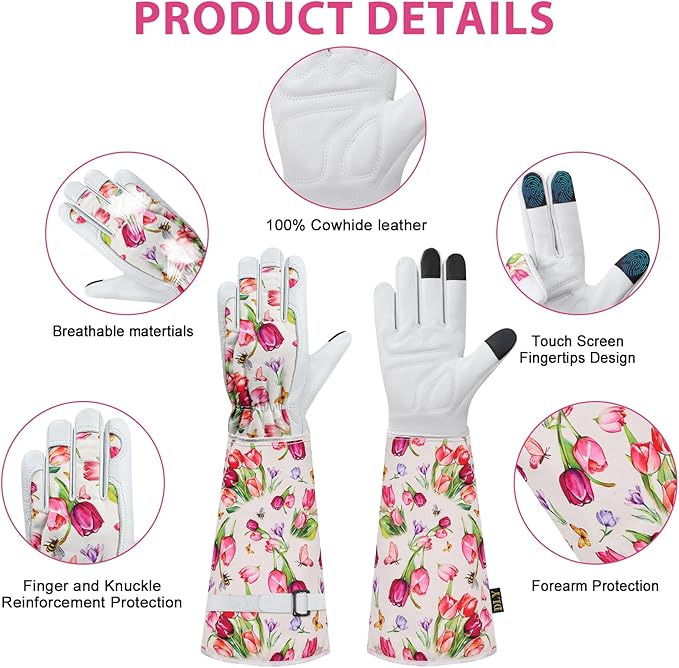 DLY Gardening Gloves for Women, Rose Gloves Gardening Thorn Proof, Long Garden Gloves for Women, Breathable Cowhide Leather Gauntlet (Medium, White)