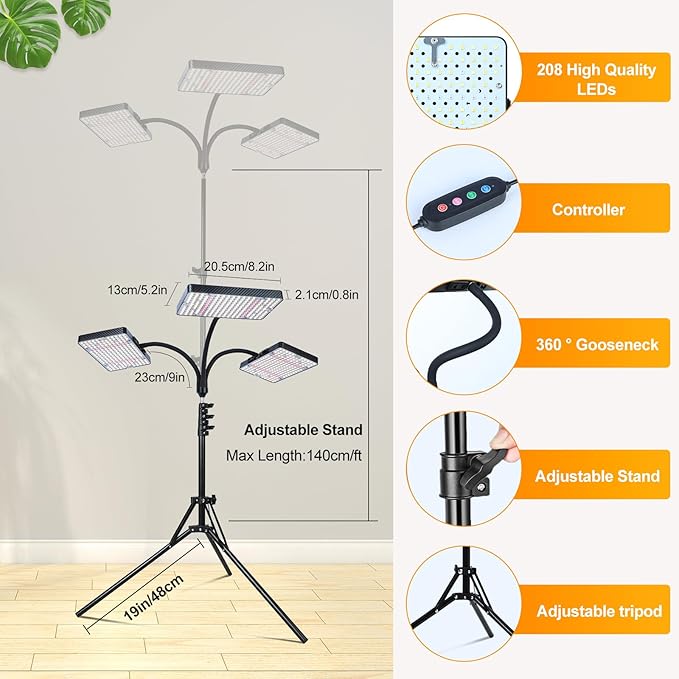 3-Head Grow Light with Stand 75W, FECiDA 2025 Grow Lights for Indoor Plants, Full Spectrum LED Plant Grow Light for Houseplants, Bonsai Tree, 4,8,12,16 Hr Timer and 360° Gooseneck