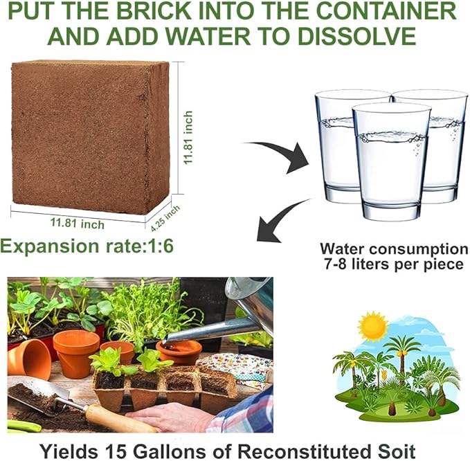 Premium Coco Coir Brick, 11Lbs High Nutrient Compressed Coconut Soil, OMRI 100% Organic Low EC & PH Balanced Potting Soil for All Plants Gardening, Hydroponics and Reptile Substrate (5KG)