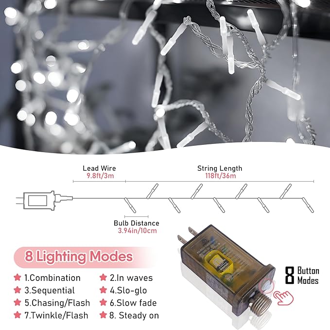 Heceltt 360 LED 118 FT String Lights Outdoor, 8 Modes Cool White Christmas Lights Plug in, IP44 Waterproof Led String Lights with Timer and Memory for Tree Yard Party Garden Decorations