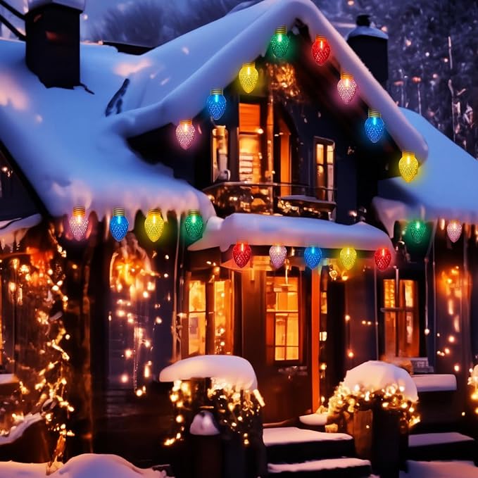 Outdoor Christmas Decorations Lights, 16Ft Jumbo Xmas String Lights with 10 5'' LED Large Multicolor Strawberry Bulb Christmas Roof Hanging Light for Outdoor Patio Eave Xmas Tree Garden Holiday Decor