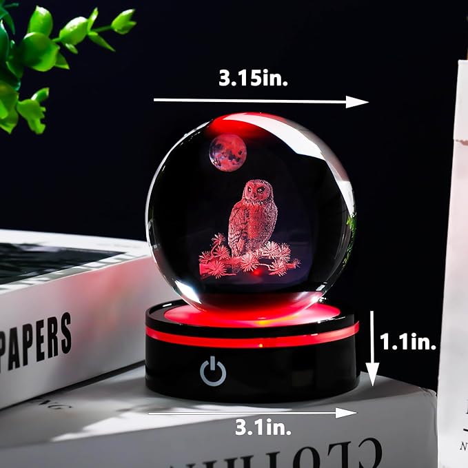 YWHL 3D Owl Figurine Crystal Ball With Colorful Light Base, Gifts for Women Men Lovers on Christmas Birthday, Laser Engraved Sphere Glass Ball for Home Office Decoration (80mm)