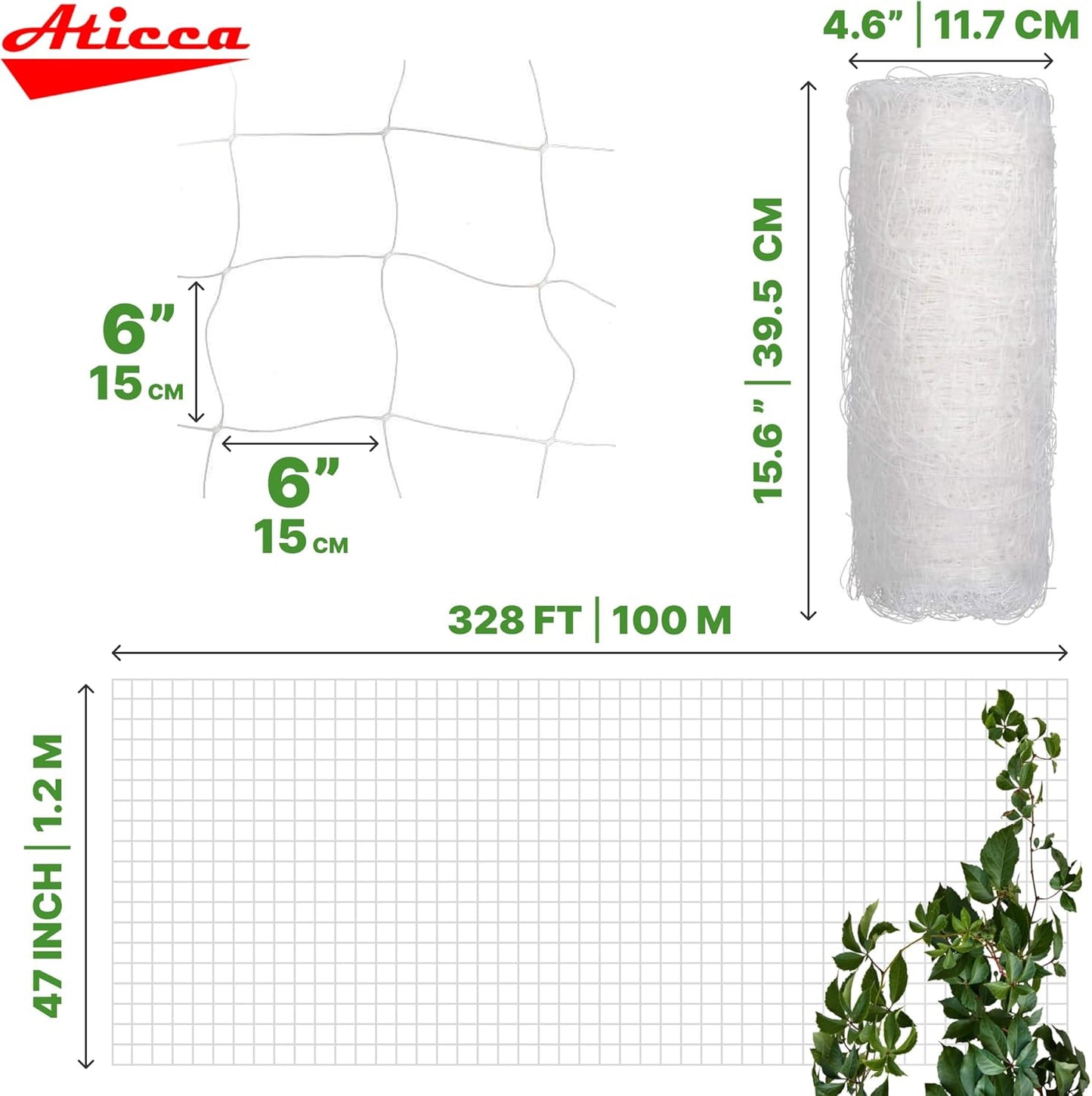 Plastic Trellis Netting 47" x 328 ft Heavy Duty Plant Support Netting White - 6 Inch Garden Trellis on Roll - Mesh for Growing Vine Climbing Plants, Flowers, Peas, and Cucumber