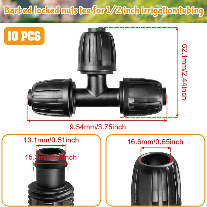 Drip Irrigation Fittings for 1/2 Inch Drip Tubing (1/2" ID x 0.65" OD)：1/2'' Drip Line Tees Anti-drop Locked Nut Barbed Tee Connectors Garden Irrigation System Parts (10 Pack)