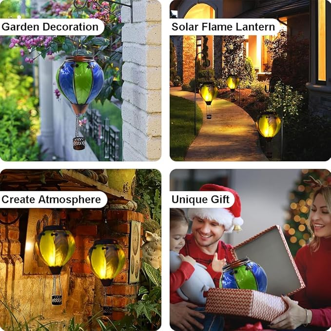 Hot Air Balloon Solar Lantern with Flickering Flame Hanging Solar Lanterns Outdoor Lights Waterproof Lanterns Decorative Garden Patio Yard Party Decor Green&Navy