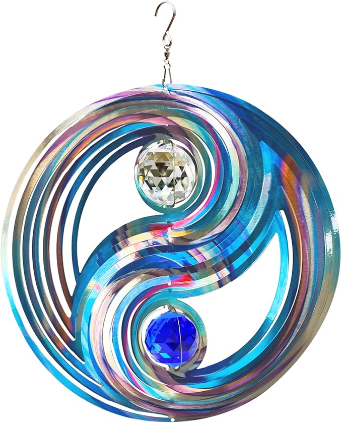 FONMY Mandala Wind Spinner w/Crystal Ball-Fengshui 3D Stainless Steel Hanging Spinners Worth Gift Christmas Decoration Indoor/Outdoor Garden Décor Kinetic Yard Art 12 Inches Wind Sculpture