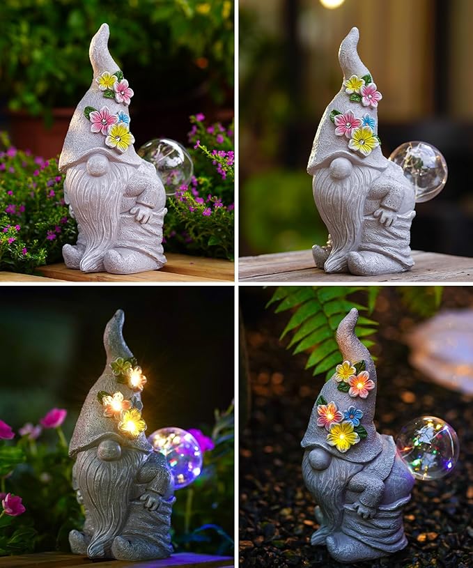 Nacome Solar Funny Gnome Statue for Garden: Outside Decor with Blow Bubbles Ball Lights Clearance for Yard Art Lawn Ornaments Porch Patio Balcony - Birthday Gifts for Grandma Mom Women